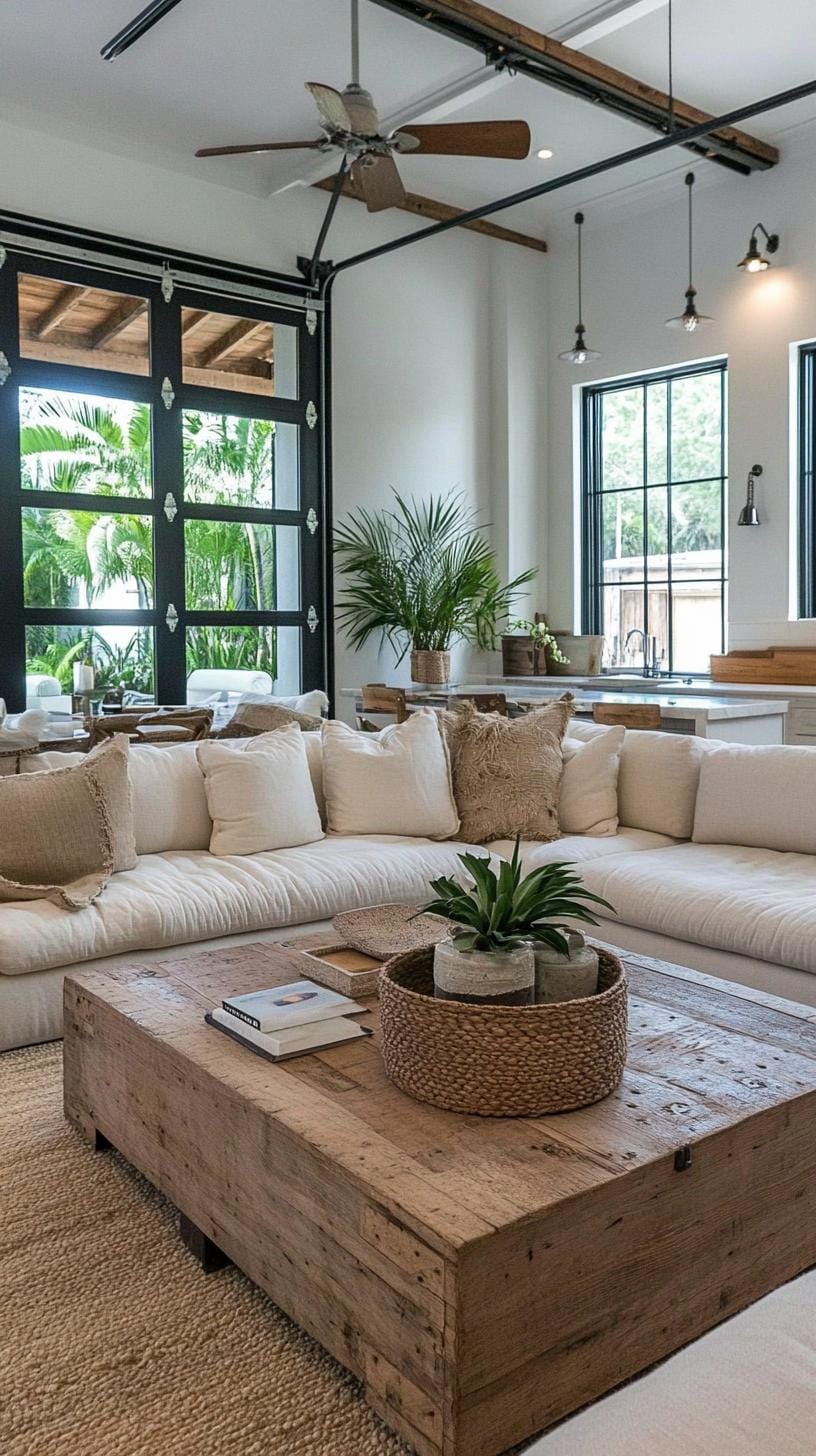 21 Best industrial farmhouse living room ideas to inspire 31 10. Lift a versatile industrial farmhouse atmosphere by mixing garage doors as room-high windows with industrial trailer lighting-1
