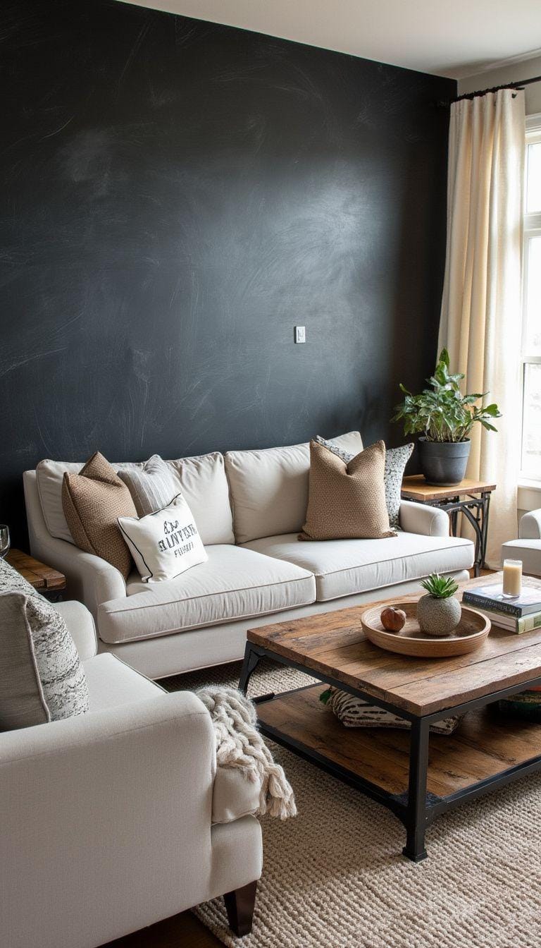 21 Best industrial farmhouse living room ideas to inspire 34 34 11. Create contrasting elements with a fat black blackboard wall against light neutral furniture and raw wooden accent-1