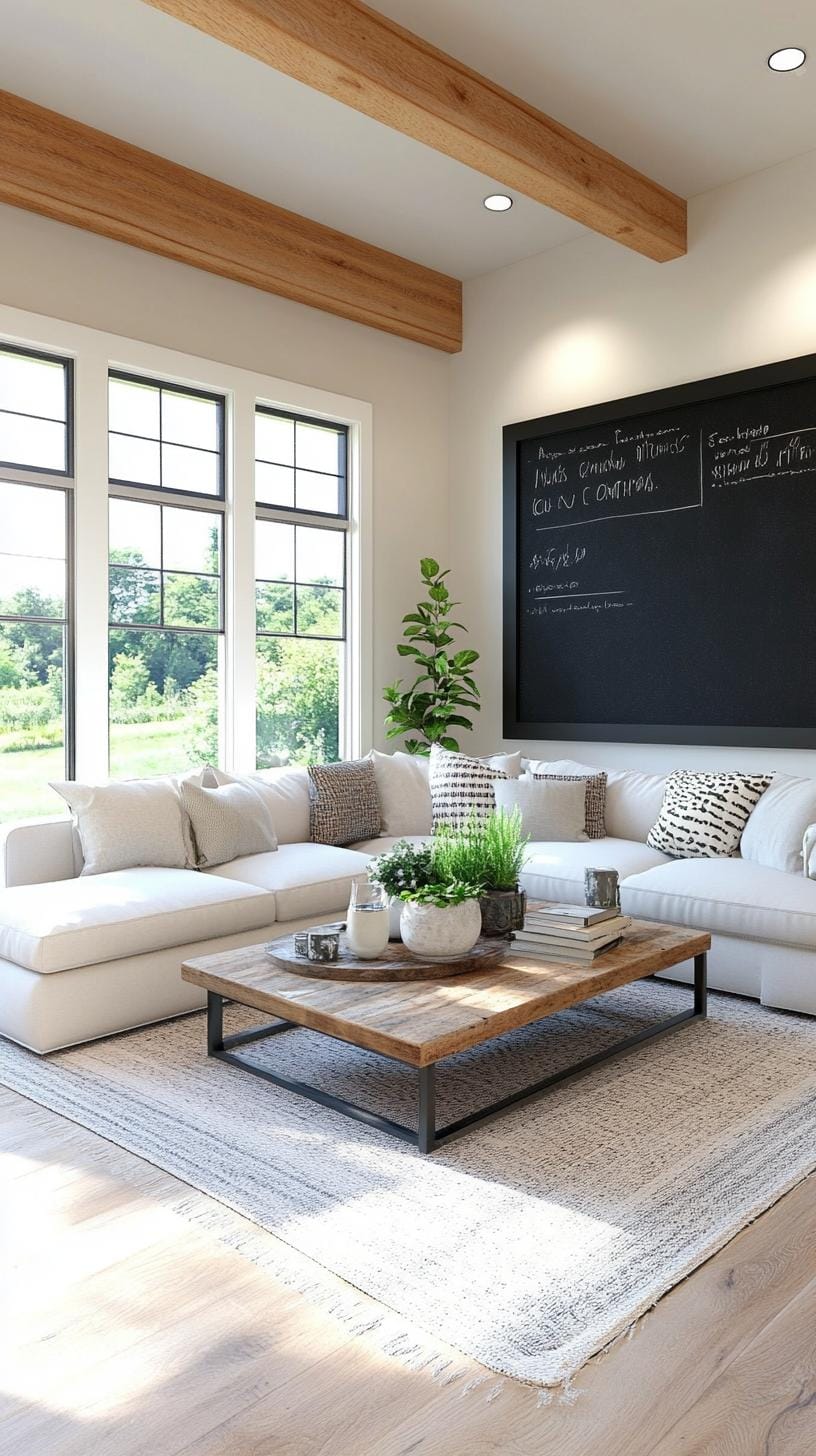 21 Best industrial farmhouse living room ideas to inspire 35 35 11. Create contrasting elements with a strong black blackboard wall against light neutral furniture and raw wooden accent-2