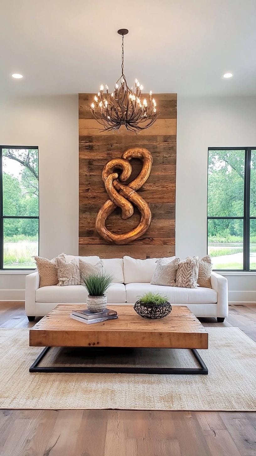 21 Best industrial farmhouse living room ideas to inspire 38 38 12. Combine slim metal sculptures with rustic elements such as recessed barn wooden walls and wrought-iron chandeliers-2