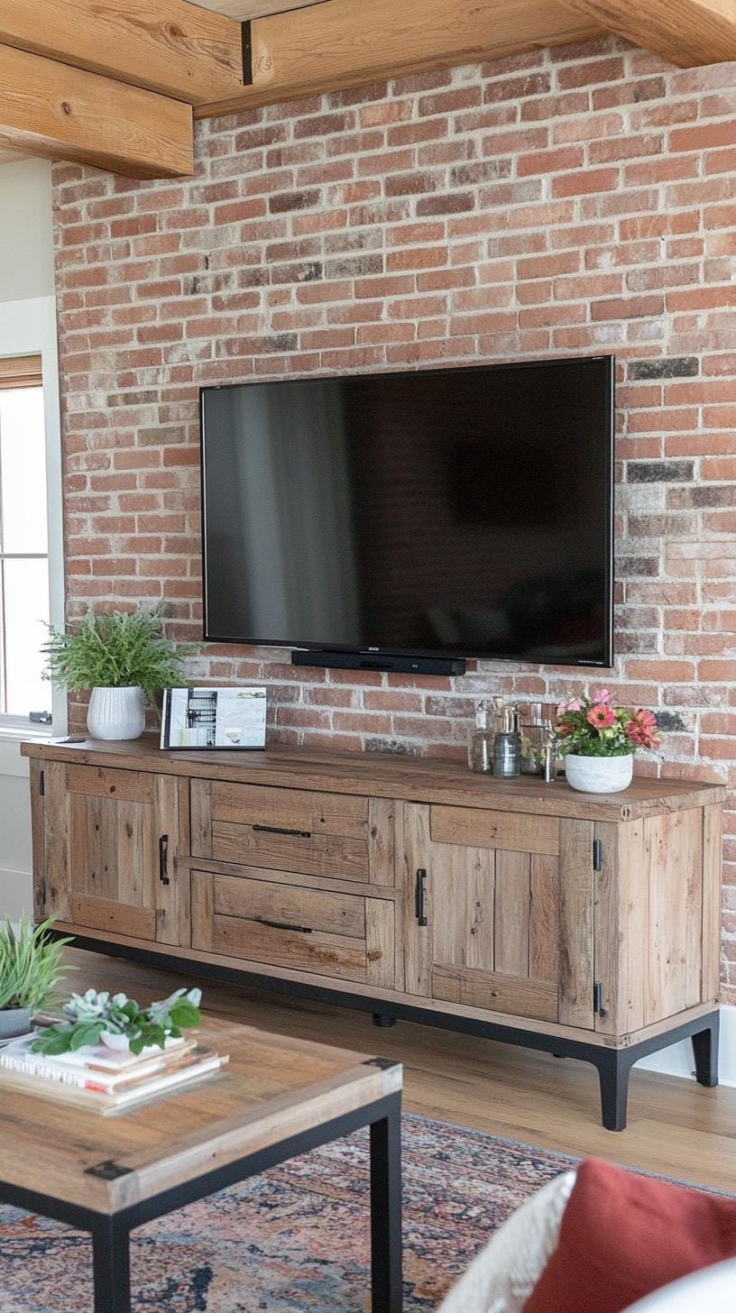 21 Best industrial farmhouse ideas for inspire 41 13. Show a rustic TV unit made of recovered wood and combine it with exposed channels and modern industrial edges for a mixed style-2
