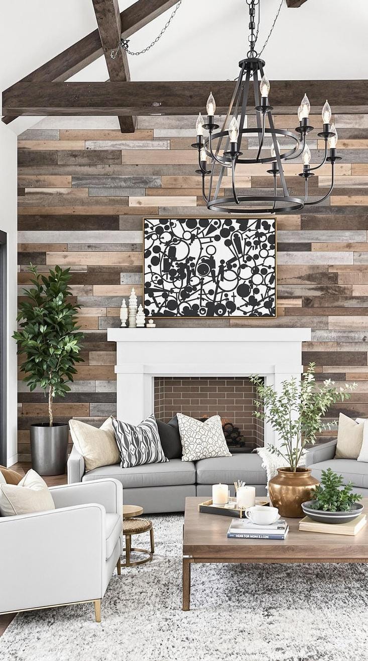 21 Best industrial farmhouse living room ideas to inspire 37 37 12. Combine slim metal sculptures with rustic elements such as recessed barn wooden walls and wrought-iron chandeliers-1