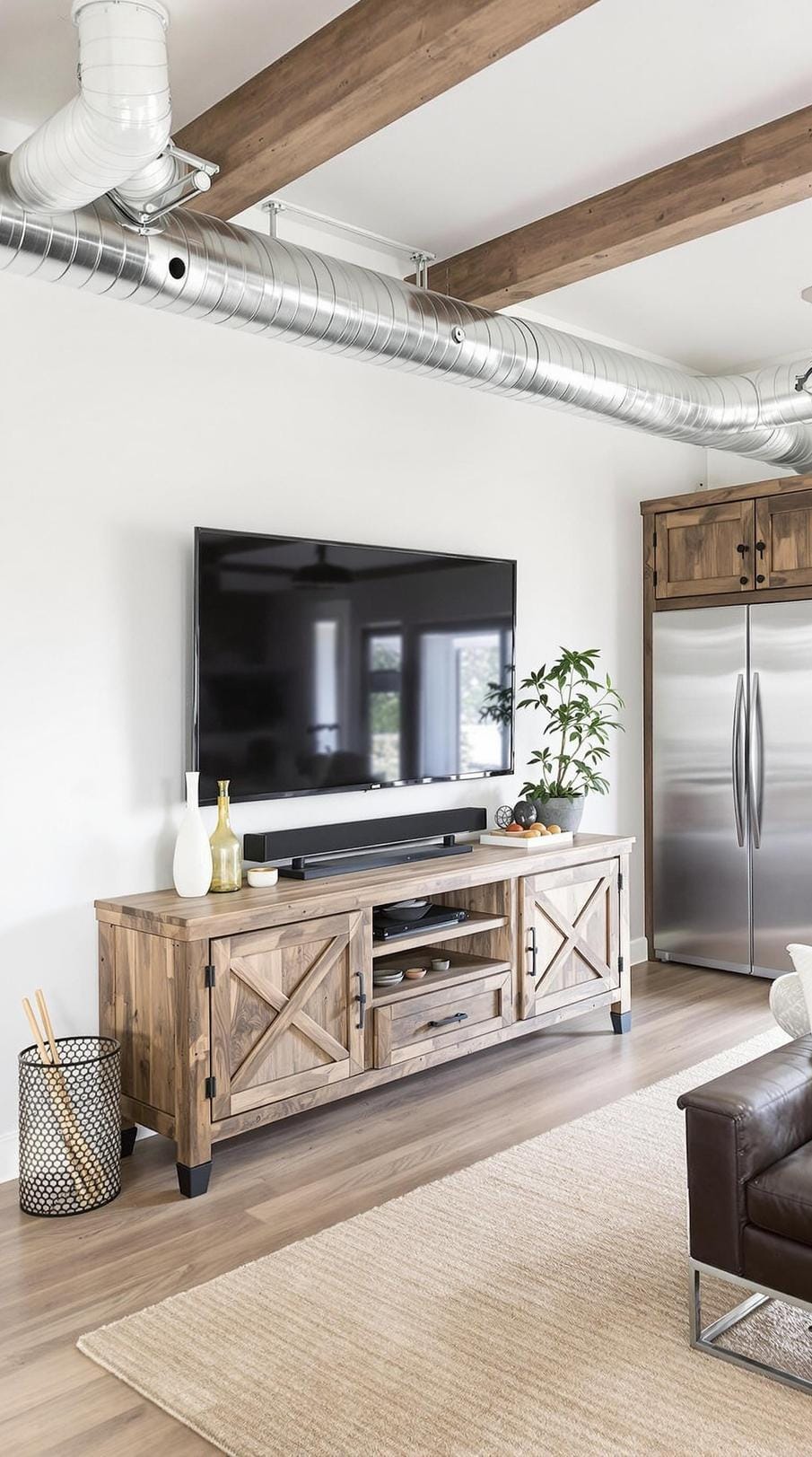 21 Best industrial farmhouse living room ideas for inspiration 40 13. Show a rustic TV unit made of recovered wood and combine it with exposed channels and modern industrial edges for a mixed style-1