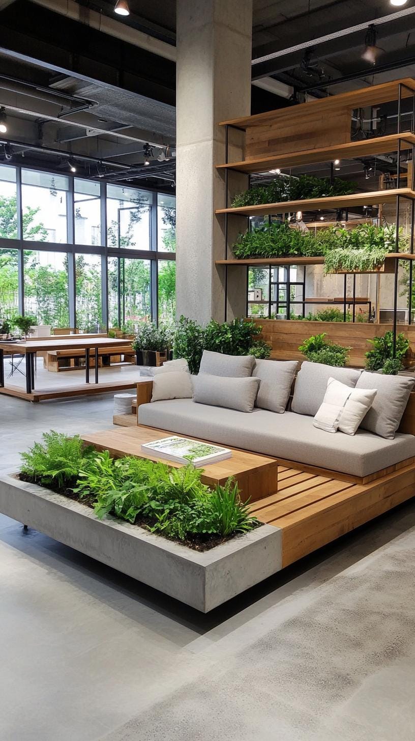 21 Best industrial farmhouse living room ideas for inspire 43 14. Integrate natural green in the middle of a installation of concrete planters and rusty metal shelves, covered in soft moody light-1