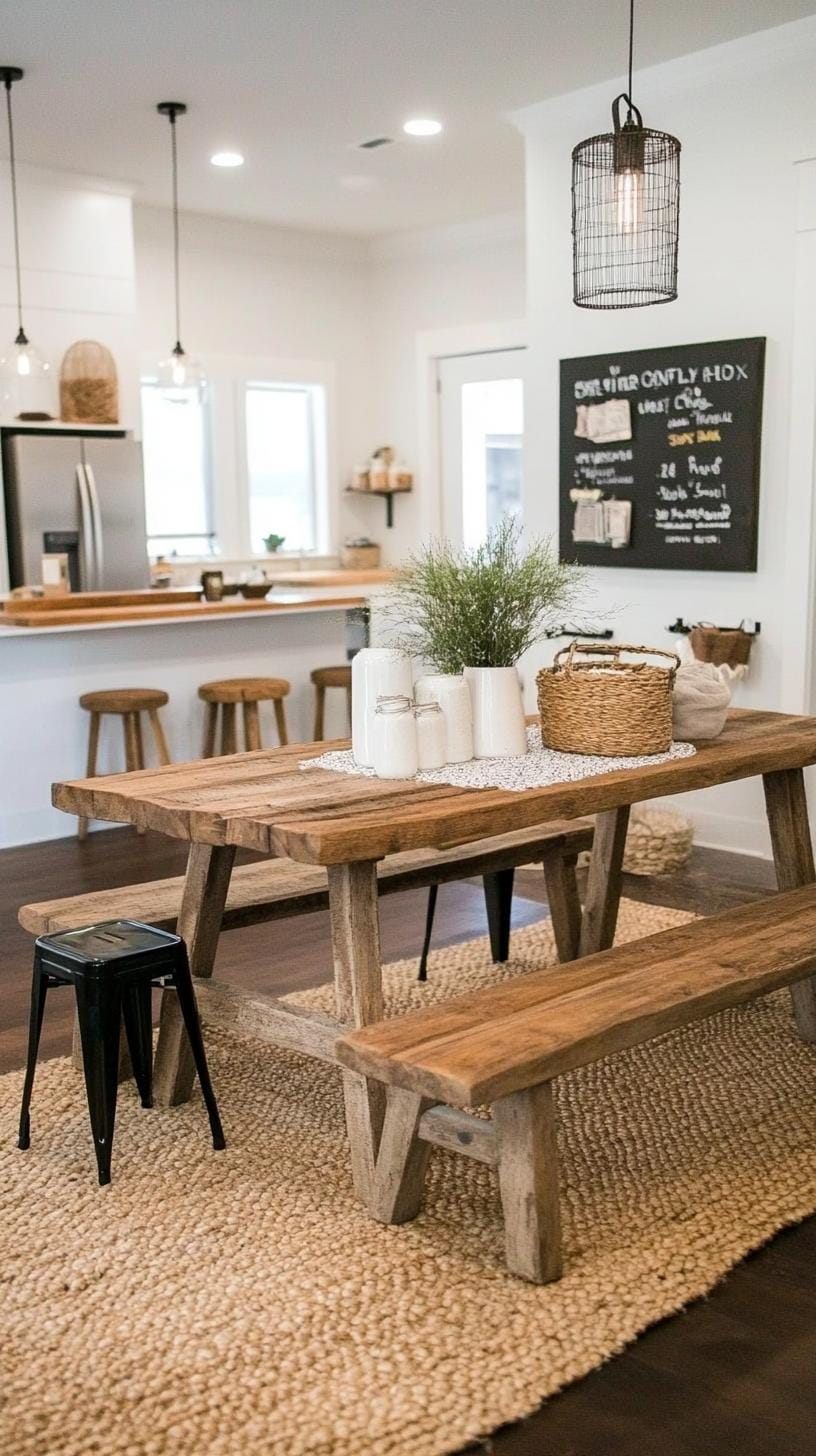 21 Best industrial farmhouse ideas to inspire 54. 54 18. Look at an inviting meeting room with banical benches in rustic picnic style, galvanized steel steel and a community table as a focal point