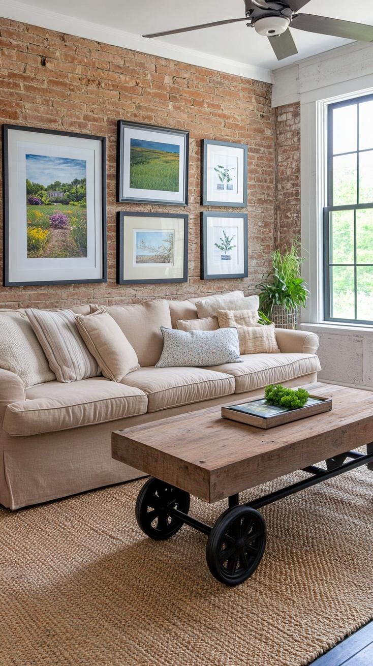 21 Best industrial farmhouse room ideas for inspire 56 19. Stacked non-matching vintage-framed work of art stack on exposed brick walls, supplemented by a cozy post-sack sofa for an accessible Vibe-1