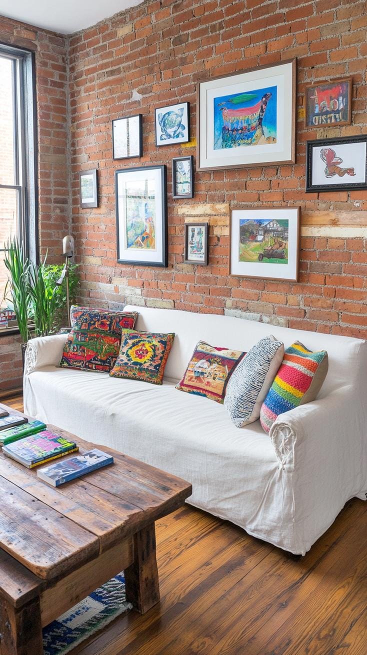 21 Best industrial farmhouse living room ideas to inspire 57 57 19. Stacking, non-coordinating vintage-framed work of art on exposed brick walls, supplemented by a cozy post-sack sofa for an responsive Vibe-2