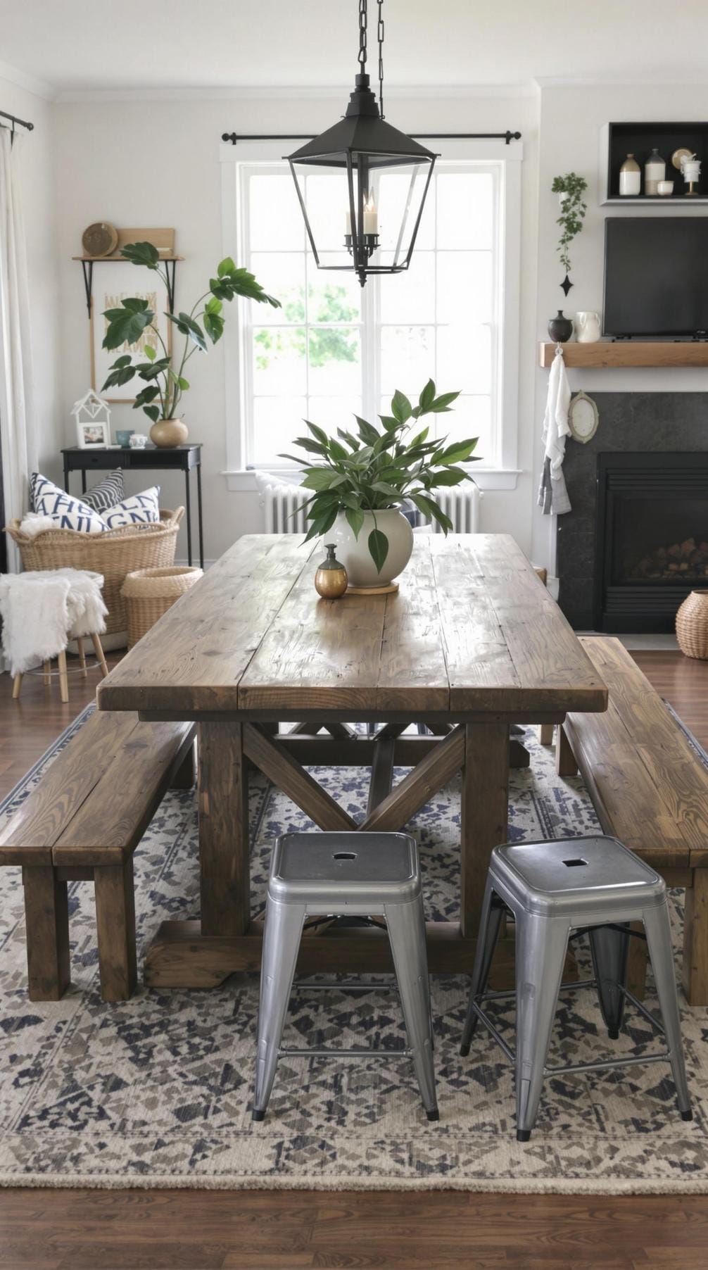 21 Best industrial farmhouse living room ideas to inspire 53 53 18. Look at an inviting meeting room with banical benches in the rustic picnic, galvanized steel steel and a common dining table as a focus point-1