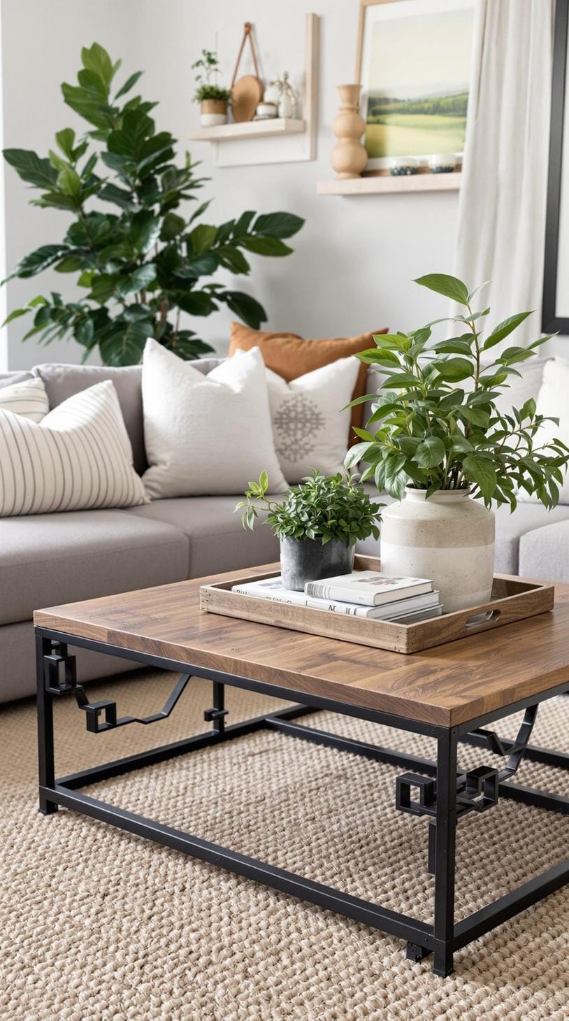21 Best industrial farmhouse living room ideas to inspire 59 59 20. Create a center of serenity with blacksmith and wooden coffee table, paired with hemp carpets and lush green for contrast-1