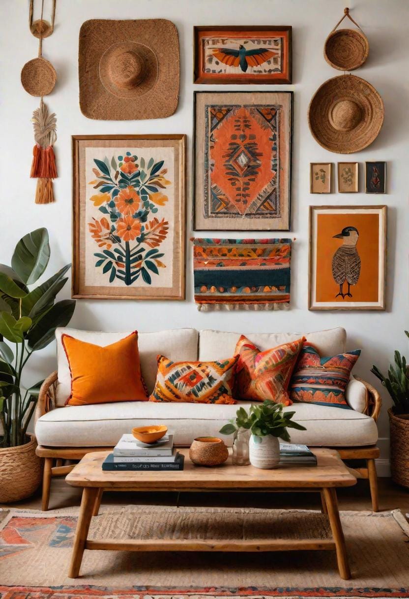 23 einzigartige Boho Farmhouse Wohnzimmer Ideen zum kopieren 10 3. Handwerksanaler Laune: Installieren Sie handgeschnitzte Wandbehänge und eine Galeriewand eklektischer Kunstwerke über einem Rattan-Sofa mit plüschigen, übergroßen Kissen-1