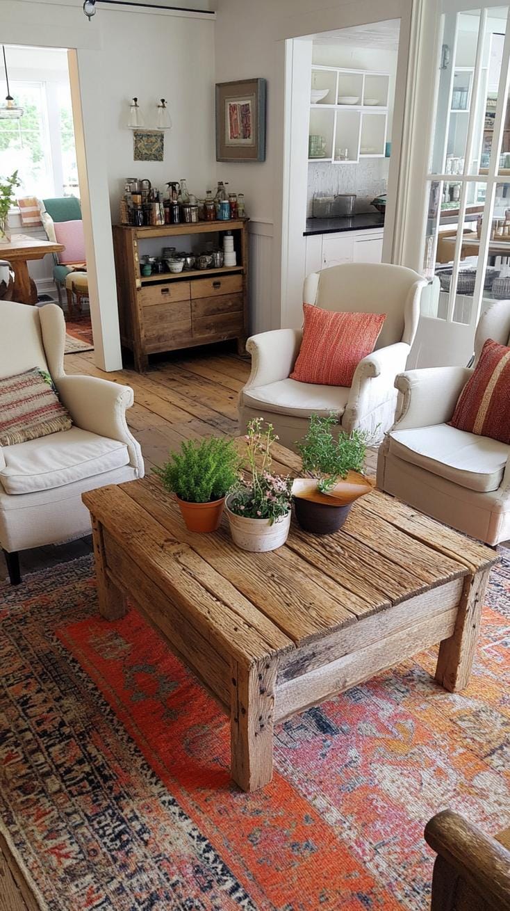 23 einzigartige Boho Farmhouse Wohnzimmer Ideen zum Kopieren 7 2. Rustikaler Wiederbelebung: Mit einem von nicht übereinstimmenden Vintage inspirierten Sessel und Wollwürfen in den Herbst-Farbtönen umgebenen mit Herzstück zurückgewonnenen Holz-Couchtisch, das von nicht übereinstimmenden Vintage-inspiriert ist
