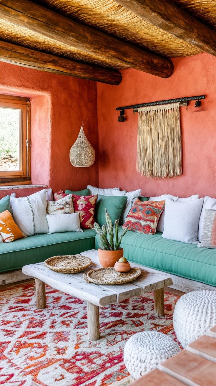 23 einzigartige Boho Farmhouse Wohnzimmer Ideen zum Kopieren 5 1. Erdige Oase: Integrieren Sie Terrakotta-Wände und Salbei-grüne Sitzgelegenheiten neben strukturierten Holzböden, mit gewebten Teppichen und Bodenkissen für entspannte Komfort-2
