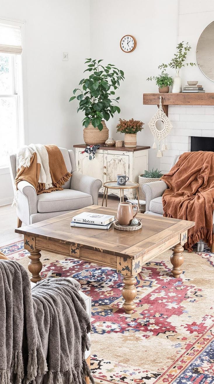 23 einzigartige Boho Farmhouse Wohnzimmer Ideen zum Kopieren 8 2. Rustikaler Wiederbelebung: Mit einem von nicht übereinstimmenden Vintage inspirierten Sessel und Wollwürfen im Herbst-Farbton 2 umgebenen kernstück zurückgewonnenen Holz-Couchtisch, der von nicht übereinstimmenden Vintage-inspiriert ist