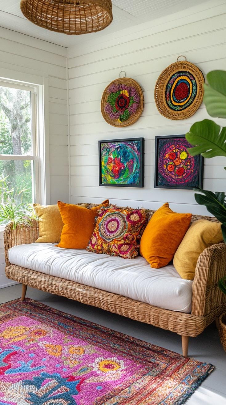 23 einzigartige Boho Farmhouse Wohnzimmer Ideen zum Kopieren 11 3. Handwerksanaler Laune: Installieren Sie handgeschnitzte Wandbehänge und eine Galeriewand eklektischer Kunstwerke über einem Rattan-Sofa mit Plüsch, übergroße Kissen-2