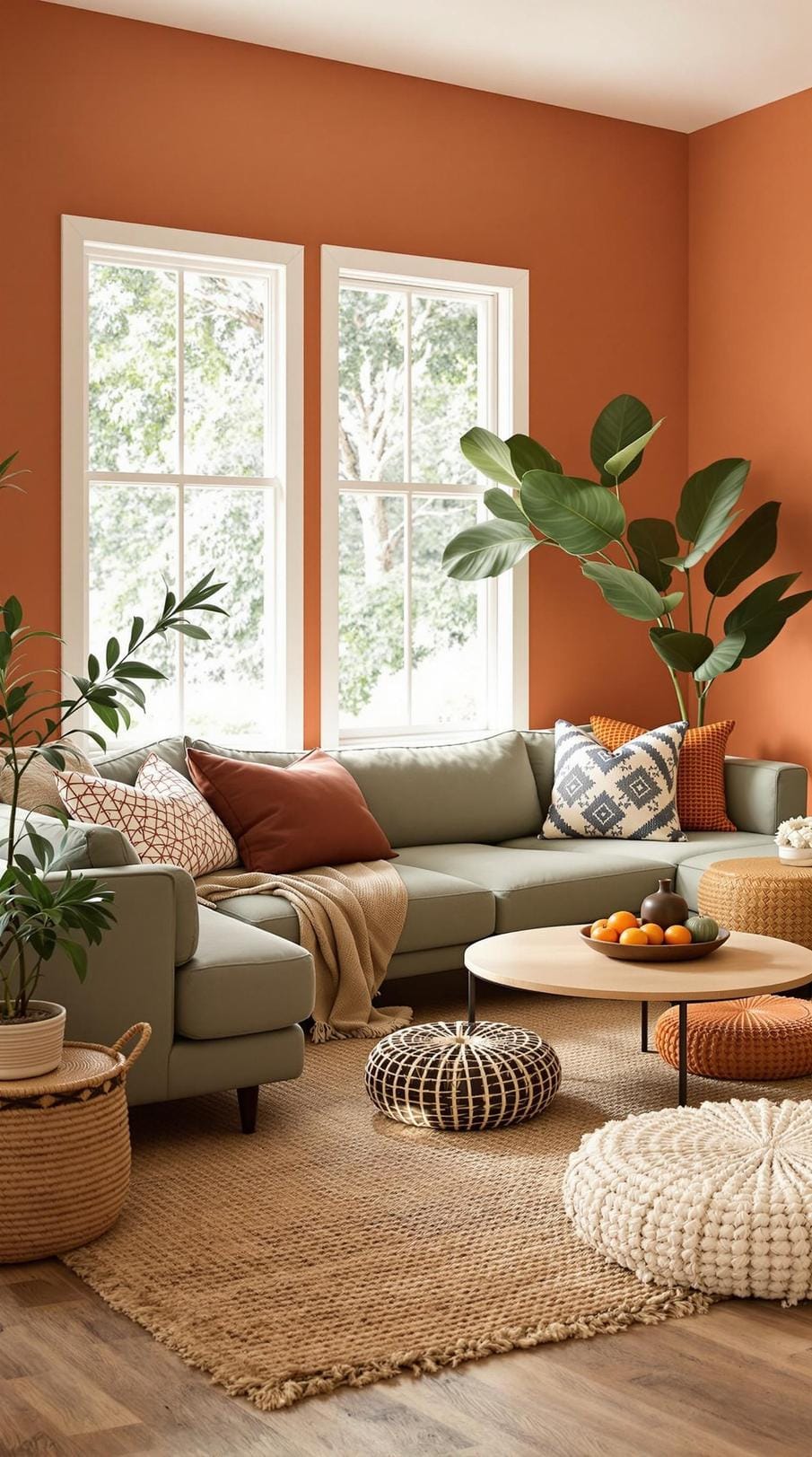 23 einzigartige Boho Farmhouse Wohnzimmer Ideen zum Kopieren 4 1. Erdige Oase: Integrieren Sie Terrakotta-Wände und Salbei-grüne Sitzgelegenheiten neben strukturierten Holzböden, mit gewebten Teppichen und Bodenkissen für entspannte Komfort-1