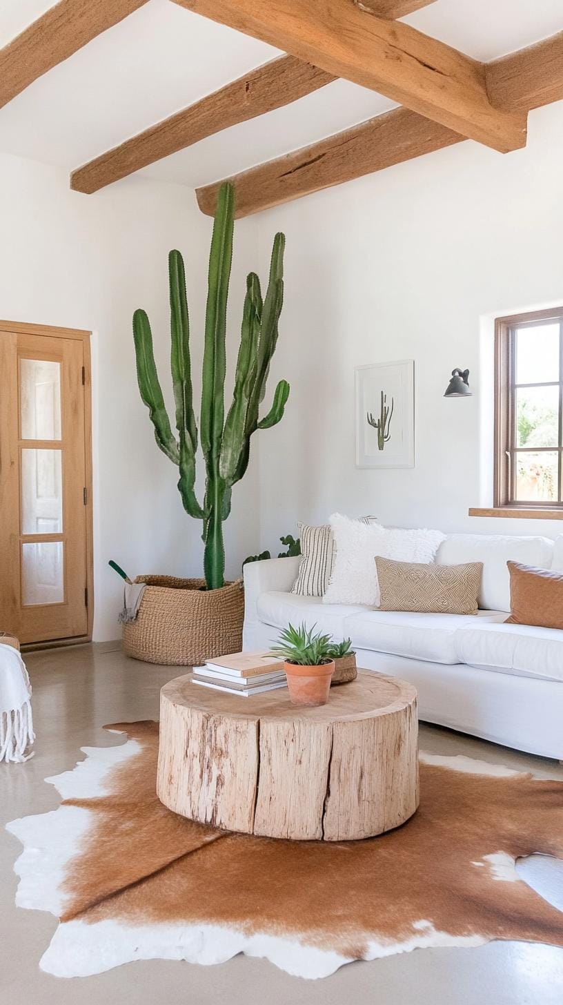 23 einzigartige Boho Farmhouse Wohnzimmer Ideen zum Kopieren 21 6. Southwest Serenity: Malen mit sonnenbleichten Tönen und Schicht Textilien wie Kuhspurteppichen und Schnittdecke, akzentuiert durch eine Aussage Cactus Plant-2