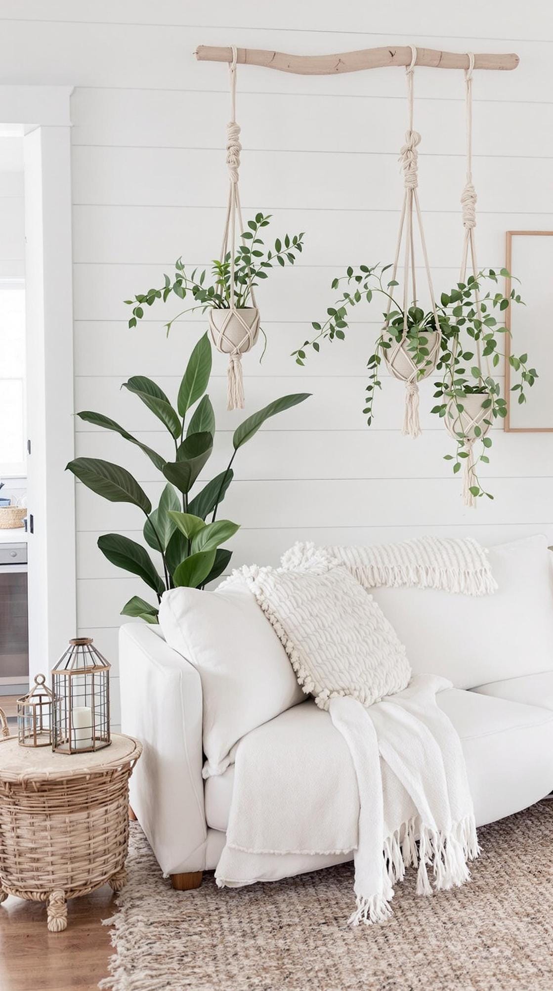 23 einzigartige Boho Farmhouse Wohnzimmer Ideen zum Kopieren 13 4. Gemütlicher Minimalismus: Konzentrieren Sie sich auf einen offenen Grundriss mit hellen Shiplap-Wänden, einem plüschigen, niedrigen Profil-Sofa und Botanicals in Makrame-Hangers-1