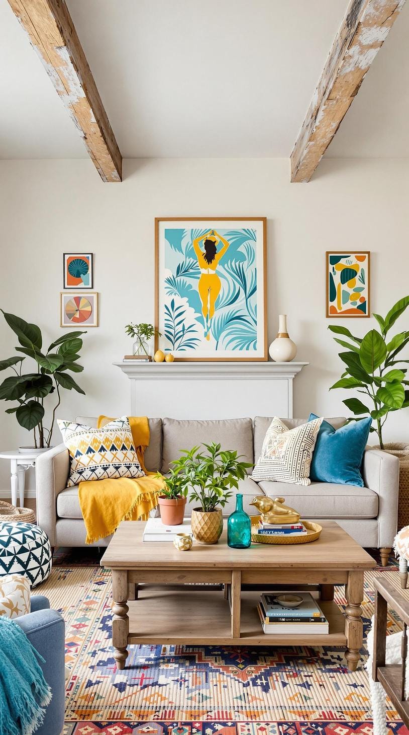23 einzigartige Boho Farmhouse Wohnzimmer Ideen zum Kopieren 17 5. Vintage Vibrance: Mischen