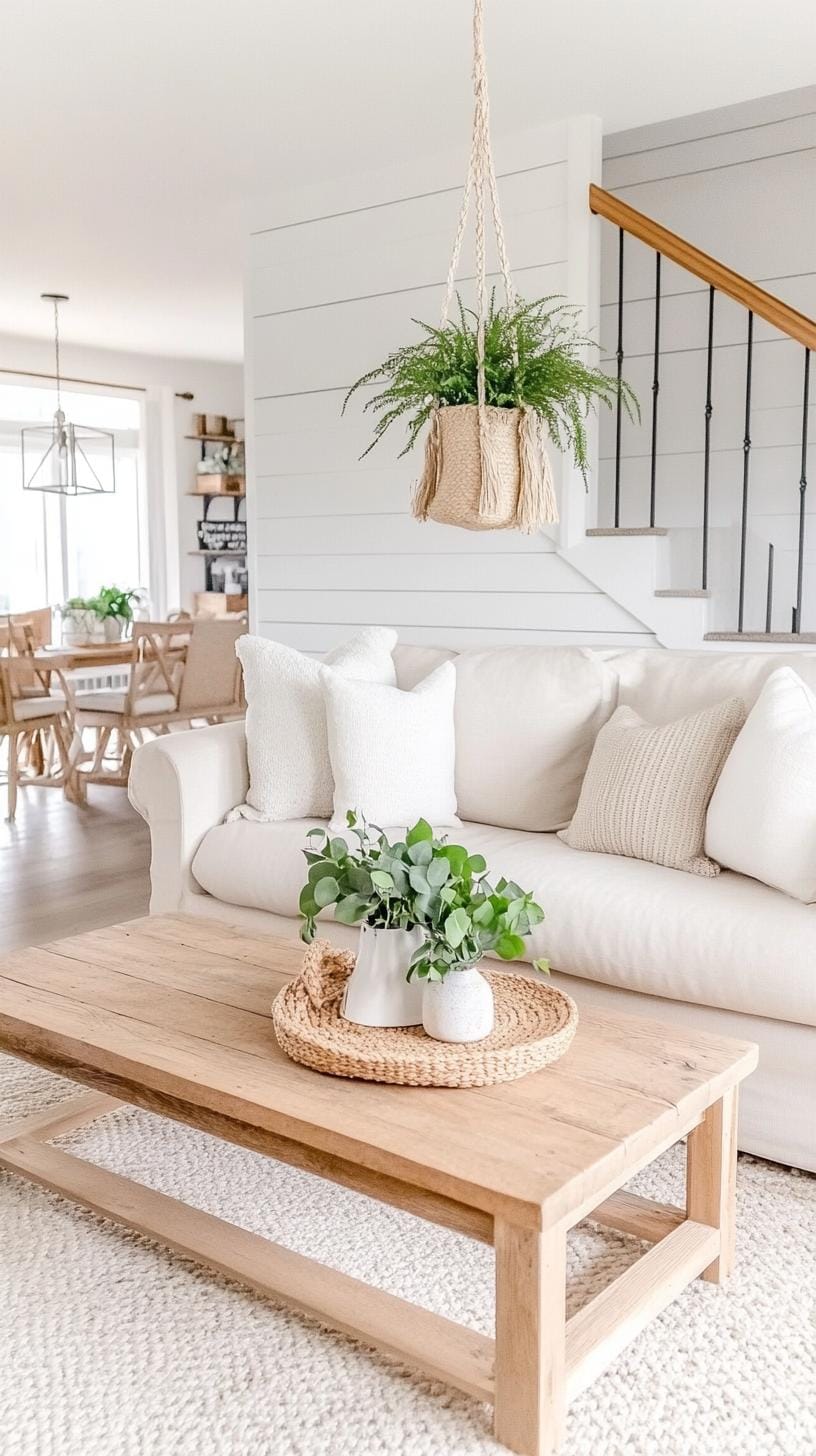 23 einzigartige Boho Farmhouse Wohnzimmer Ideen zum Kopieren 14 4. Gemütlicher Minimalismus: Konzentrieren Sie sich auf einen offenen Grundriss mit hellen Shiplap-Wänden, einem plüschigen, niedrigen Profil-Sofa und Botanicals in Makrame-Hangers-2