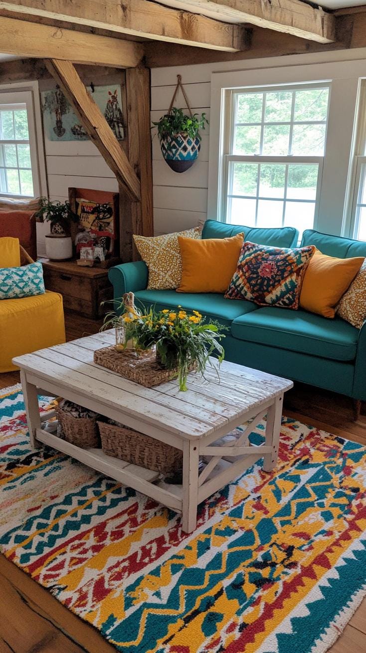 23 einzigartige Boho Farmhouse Wohnzimmer Ideen zum Kopieren 16 5. Vintage Vibrance: Mischen
