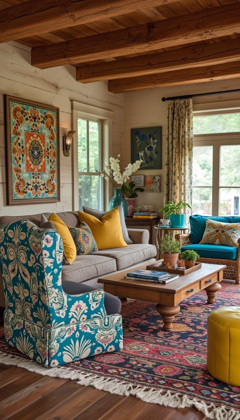 23 einzigartige Boho Farmhouse Wohnzimmer Ideen zum kopieren 18 5. Vintage Vibrance: Mischen