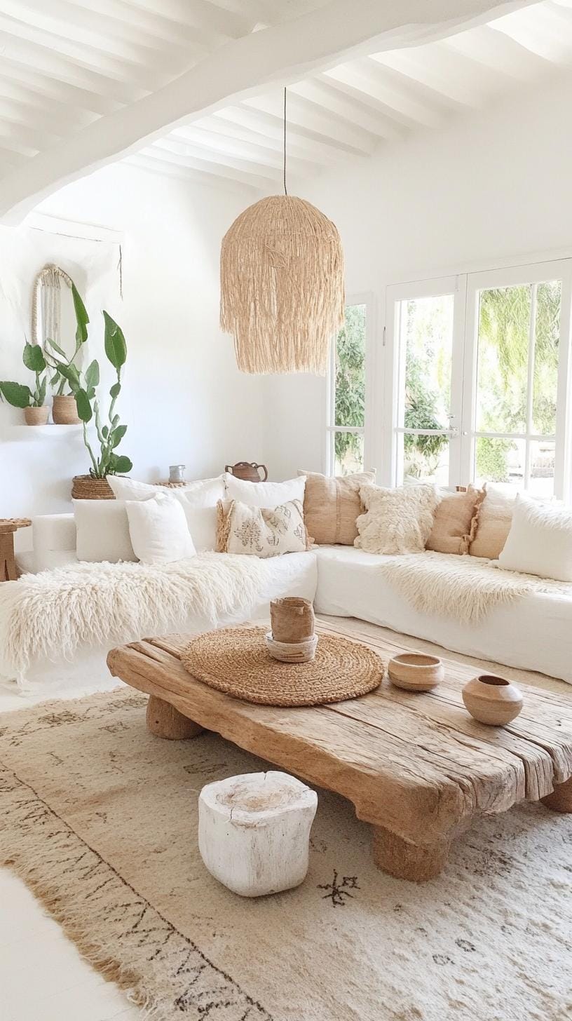 23 einzigartige Boho Farmhouse Wohnzimmer Ideen zum Kopieren 23 7. Hygge Haven: Umarmung skandinavische Einflüsse mit weiß getünchtem Holz, einer Mischung aus Schaffell und geflochtenen Wollwürfen sowie einer Sammlung eklektischer Keramik-1