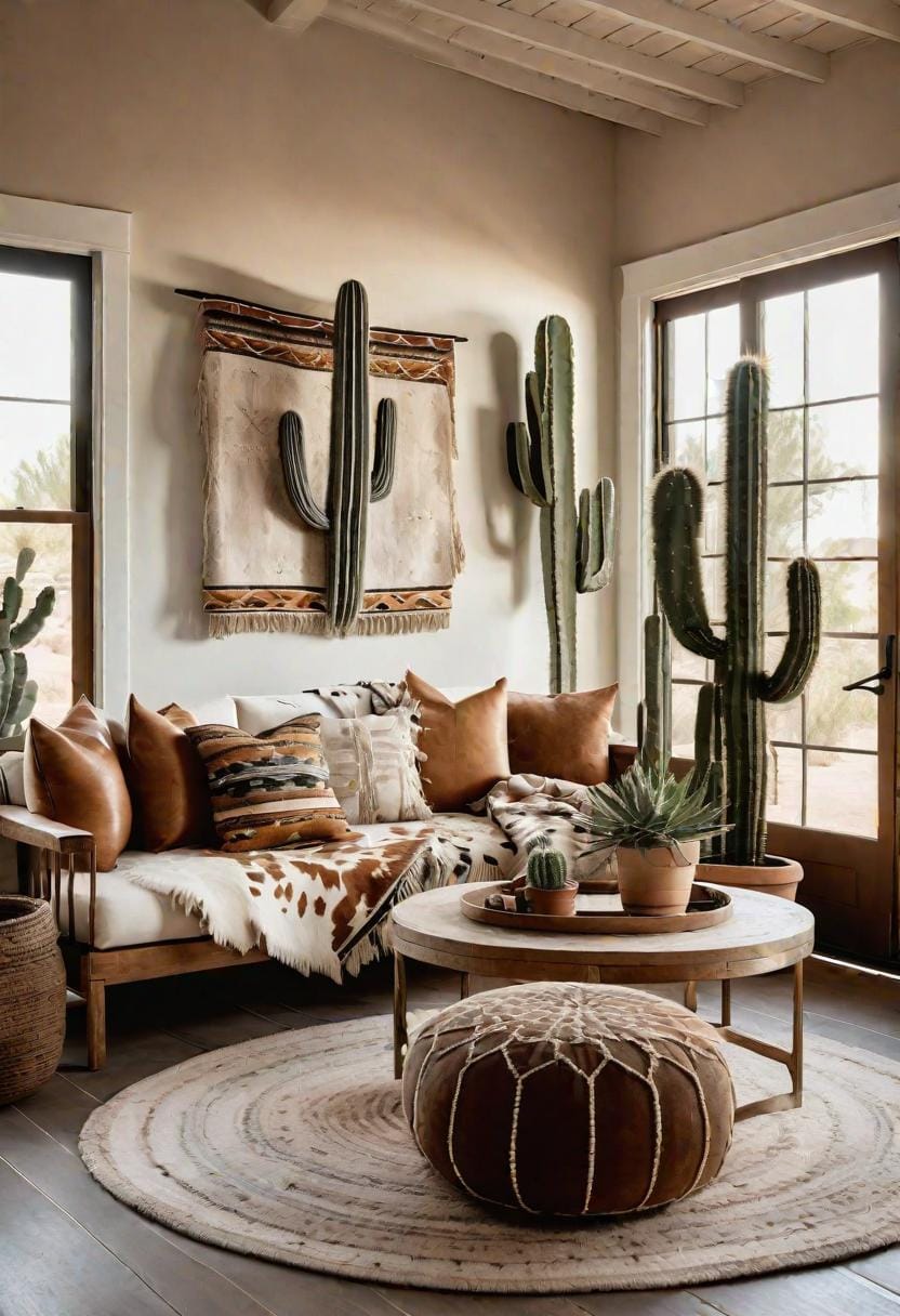 23 einzigartige Boho Farmhouse Wohnzimmer Ideen zum Kopieren 20 6. Southwest Serenity: Malen mit sonnenbleichten Tönen und Schicht Textilien wie Cowhide Teppichs und Quasten-Decken, akzentuiert durch eine Aussage Cactus Plant-1