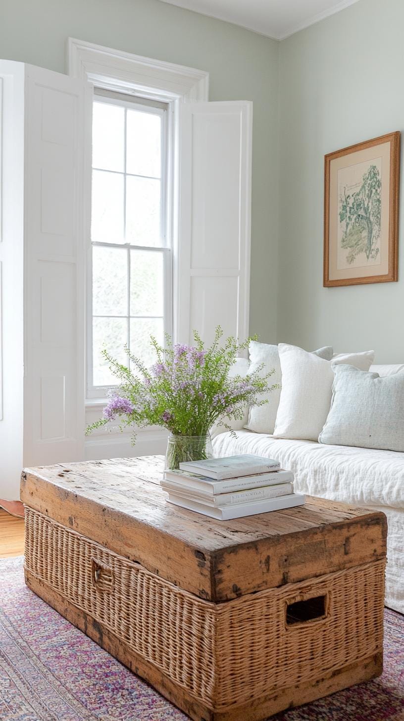 23 einzigartige Boho Farmhouse Wohnzimmer Ideen zum Kopieren 26 8. Reclaimed Retreat: Verwenden Sie Second-Hand-Möbel mit verzweifelten Oberflächen und setzen Sie die Bühne mit Pastellwänden und Naturfaserkörben für Speicher-1