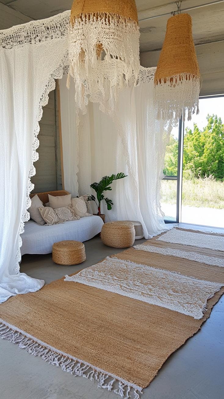 23 einzigartige Boho Farmhouse Wohnzimmer Ideen zum kopieren 30 9. Layered Luxe: Kombinieren Sie geschichtete Teppiche aus Jute und Wolle unter den Füßen, um die Wärme zu verbessern, und umfassen Spitzenvorhänge und ein Statement-Kronleuchter für Elegance-2