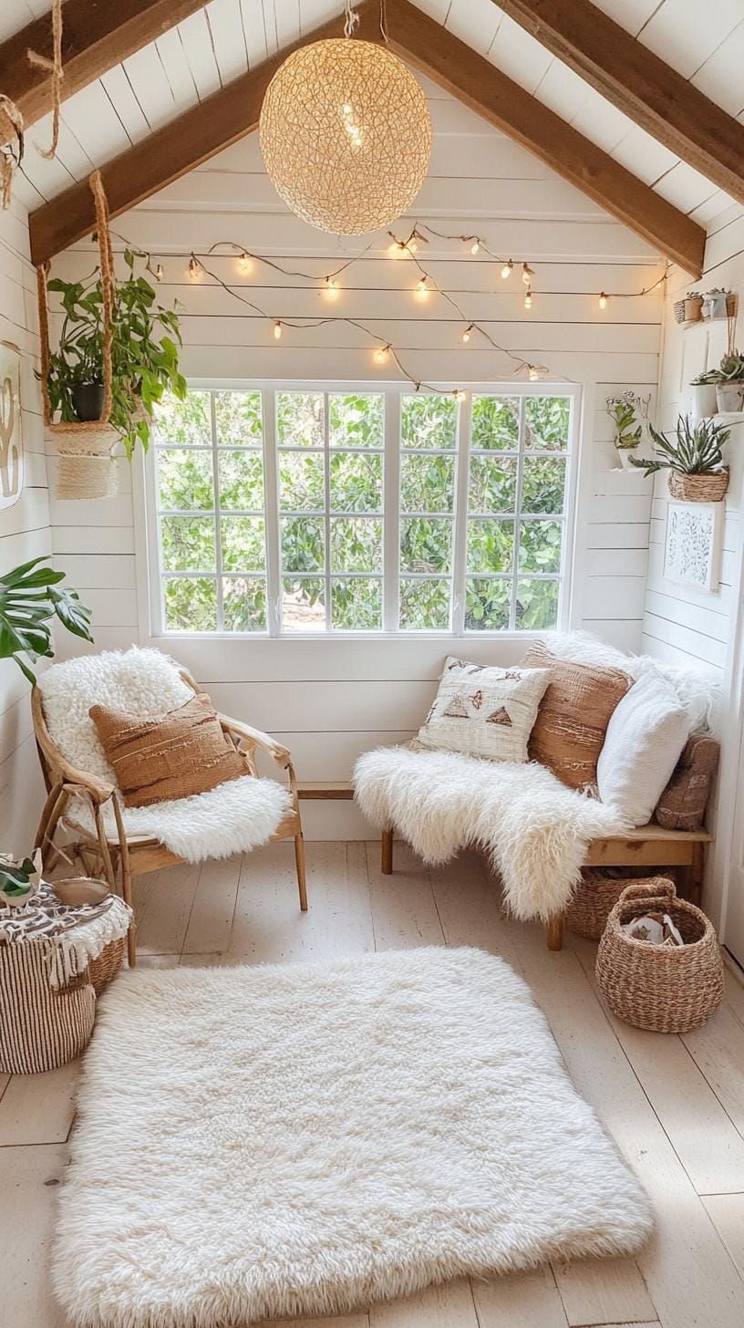 23 Einzigartige Boho Farmhouse Wohnzimmer Ideen zum Kopieren 24 7. Hygge Haven: Umarmung skandinavische Einflüsse mit weiß getünchtem Holz, einer Mischung aus Schaffell und geflochtenen Wollwürfen sowie einer Sammlung eklektischer Keramik-2