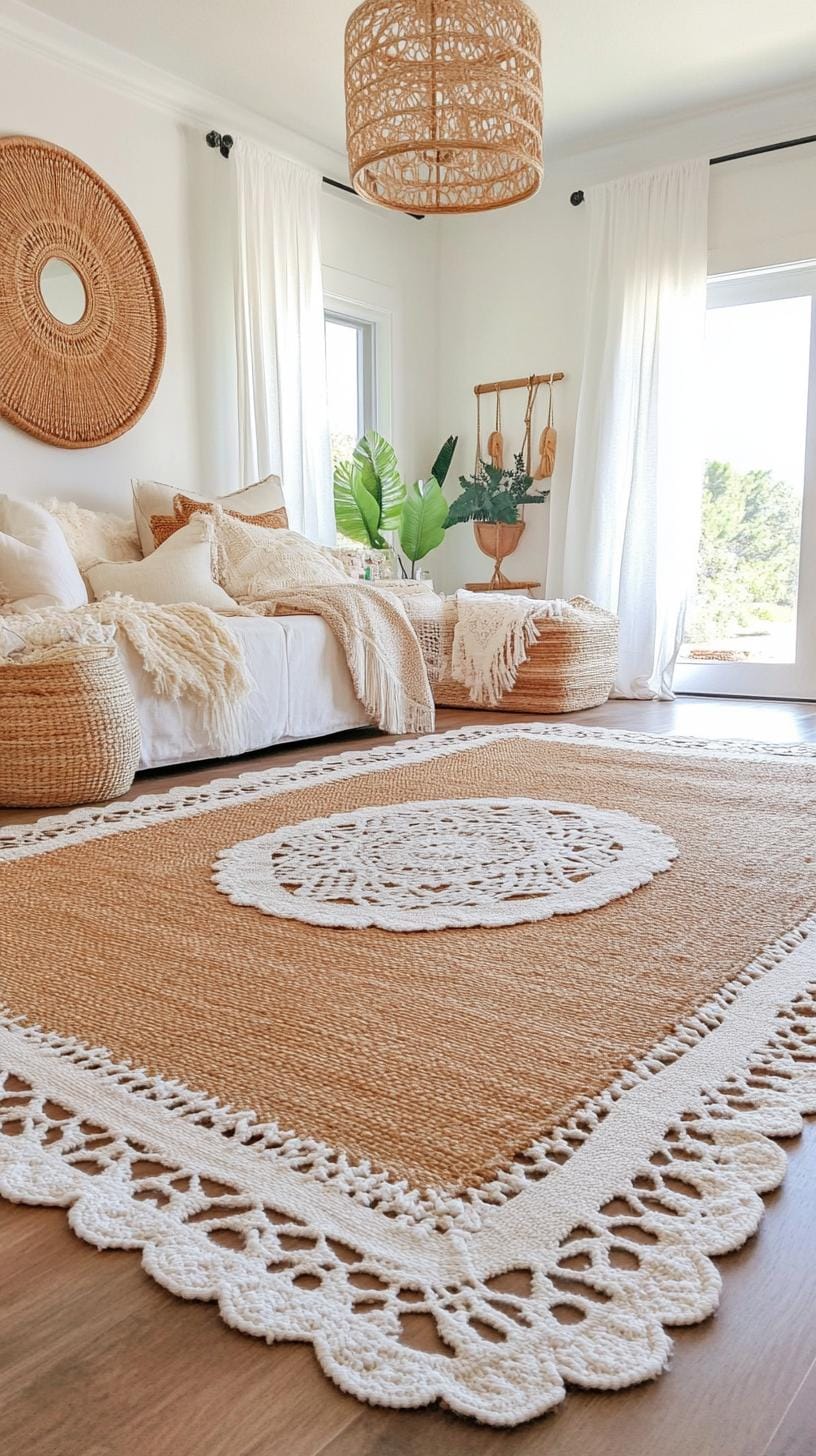 23 einzigartige Boho Farmhouse Wohnzimmer Ideen zum Kopieren 29 9. Layered Luxe: Kombinieren Sie geschichtete Teppiche aus Jute und Wolle unter den Füßen, um die Wärme zu verbessern, und umfassen Spitzenvorhänge und ein Statement-Kronleuchter für Elegance-1