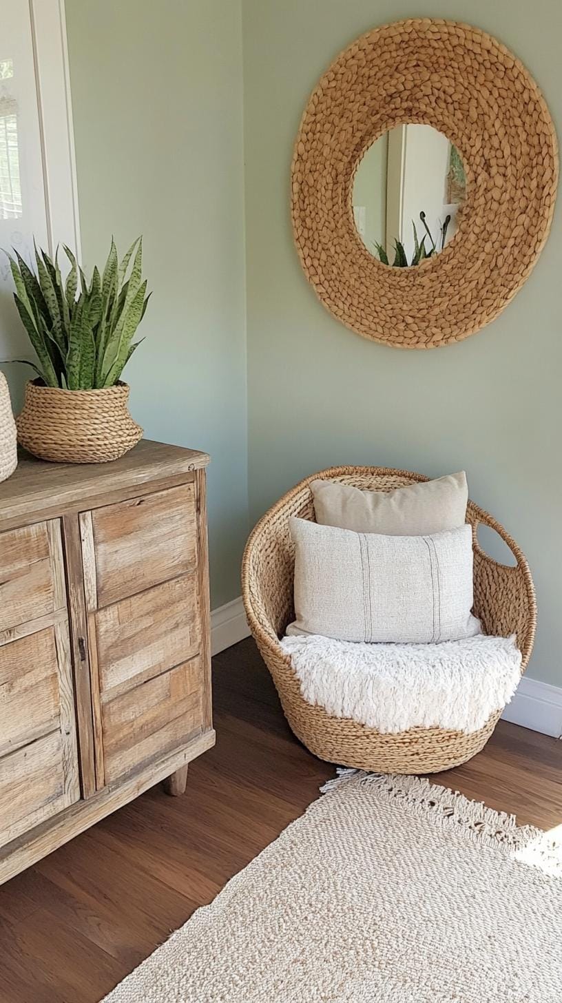 23 einzigartige Boho Farmhouse Wohnzimmer Ideen zum Kopieren 27 8. Reclaimed Retreat: Verwenden Sie Second-Hand-Möbel mit notleidenden Oberflächen und setzen Sie die Bühne mit Pastellwänden und Naturfaskörben für die Aufbewahrung-2