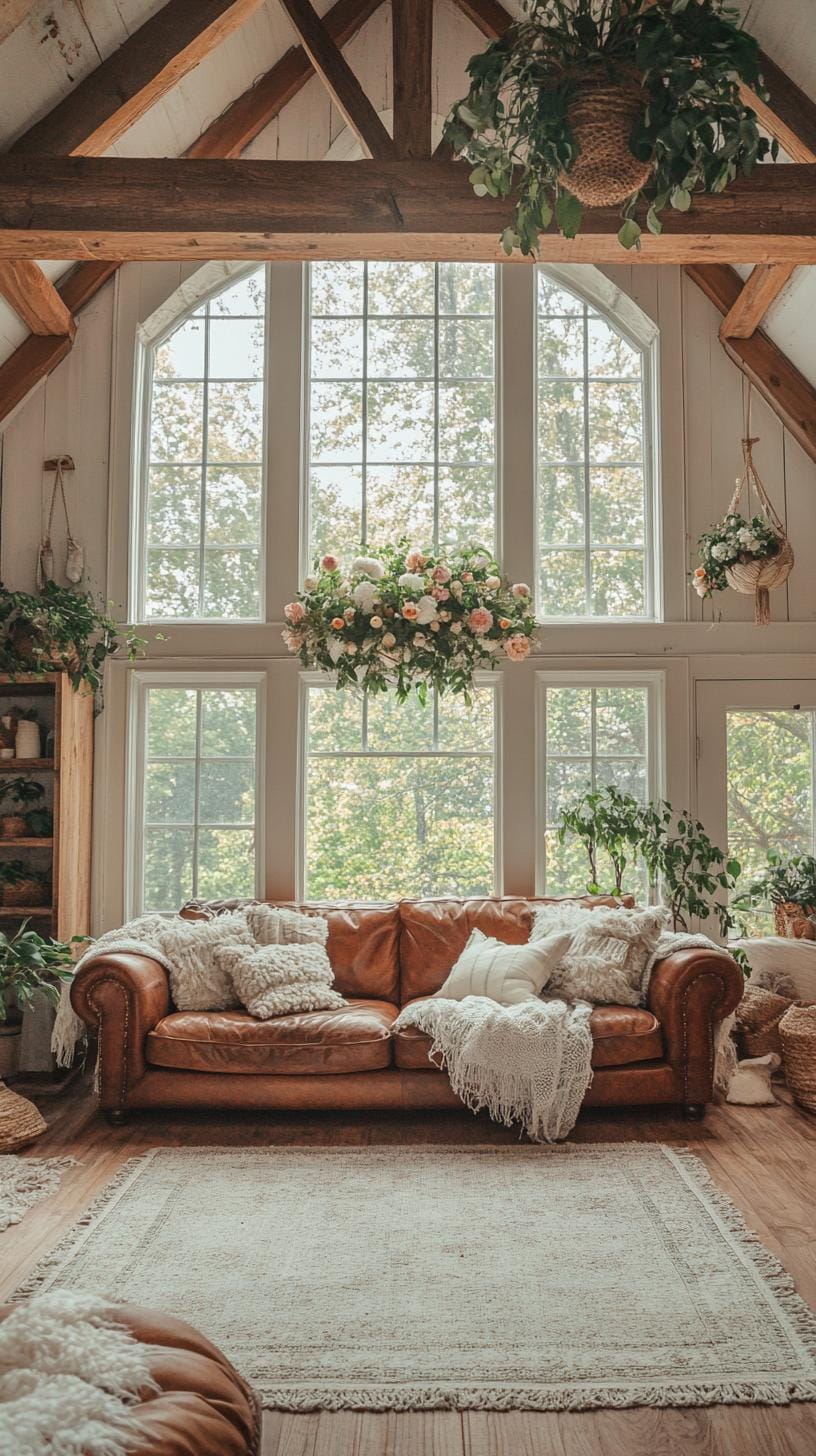 23 einzigartige Boho Farmhouse Wohnzimmer Ideen zum Kopieren 33 10. Sonnenkummel Heiligtum: Spielen Sie mit Sonnenlicht durch große Fenster und verwenden Sie Pflanzen und Blumen, ergänzt durch ein rustikales Ledersofa und klobige Strickwürfe-2