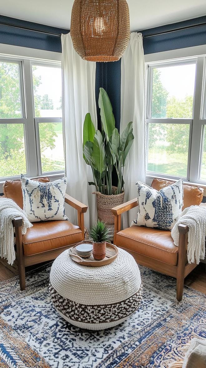 23 einzigartige Boho Farmhouse Wohnzimmer Ideen zum Kopieren 36 11. Fernwehnest: Mischen Sie Global-Chic-Stoffe mit weichen Leder und Quasten, fügen Sie luftige Vorhänge und Streukissenmuster hinzu, die von Travels-2 inspiriert sind