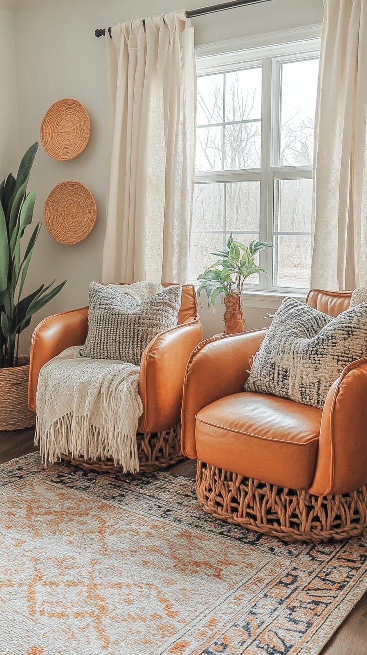 23 einzigartige Boho Farmhouse Wohnzimmer Ideen zum Kopieren 35 11. Fernwehnest: Mischen Sie globale Stoffe mit weichen Ledern und Quasten, fügen luftige Vorhänge und Streukissenmuster hinzu, die von Travels-1 inspiriert sind. 1