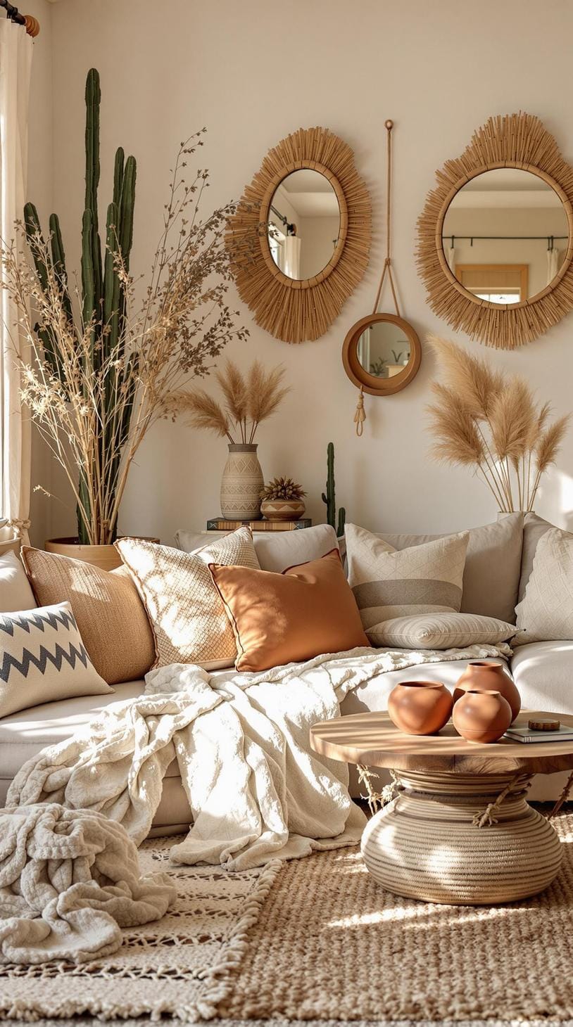 23 einzigartige Boho Farmhouse Wohnzimmer Ideen zum Kopieren 41 13. Desert Boho: Integrieren Sie Tontöpfe und Sonnenstrahlspiegel mit neutralen Tönen, die durch pflanzliche getrocknete Arrangements und gewebte Textilien 1 hervorgehoben werden. 1