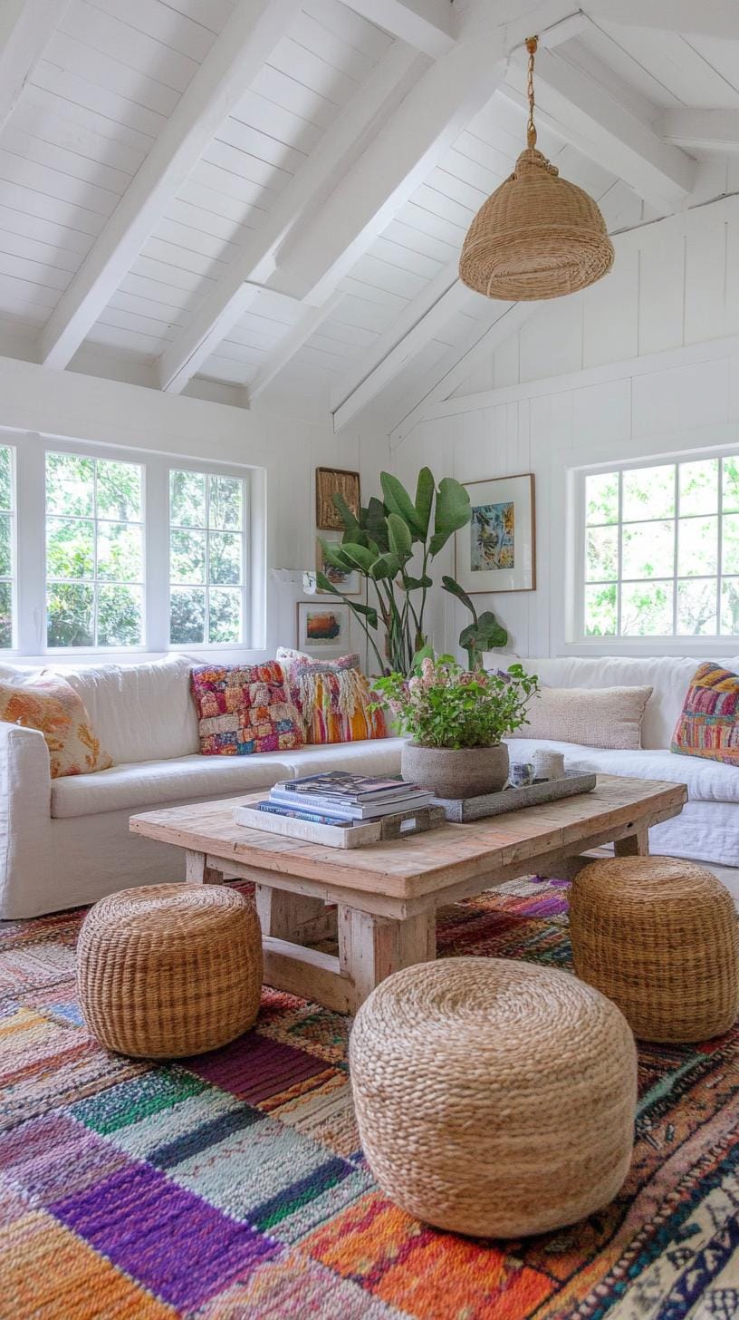 23 einzigartige Boho Farmhouse Wohnzimmer Ideen zum Kopieren 44 14. Eklektische Enklave: Kombinieren Sie verschiedene Epochen, verschmelzen einen Couchtisch aus der Mitte des Jahrhunderts mit rustikalen Farmhocker auf einem Patchwork-Teppich-1