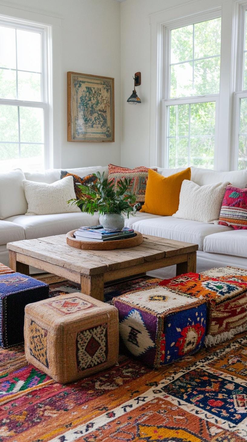23 einzigartige Boho Farmhouse Wohnzimmer Ideen zum Kopieren 45 14. Eklektische Enklave: Kombinieren Sie verschiedene Epochen, verschmelzen einen Couchtisch aus der Mitte des Jahrhunderts mit rustikalen Farmhocker auf einem Patchwork-Teppich-2