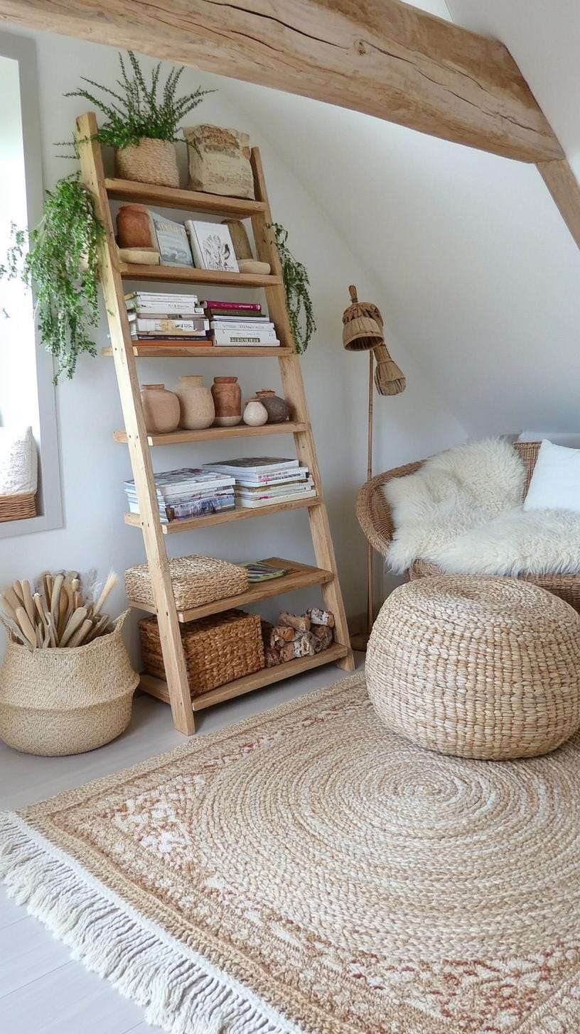 23 einzigartige Boho Farmhouse Wohnzimmer Ideen zum Kopieren 39 12. Cosy Cornerstone: Beingebaute Regale mit Büchern und Schmuckstücke, umgerahmt von einem Holzleiterregal und einer Leselampe für einen Wärme-Glow-2