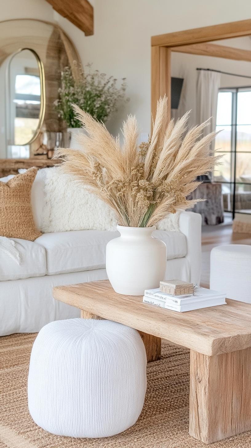 23 einzigartige Boho Farmhouse Wohnzimmer Ideen zum Kopieren 42 13. Desert Boho: Integrieren Sie Tontöpfe und Sonnenstrahlspiegel mit neutralen Tönen, die durch pflanzliche getrocknete Arrangements und gewebte Textilien 2 hervorgehoben werden.