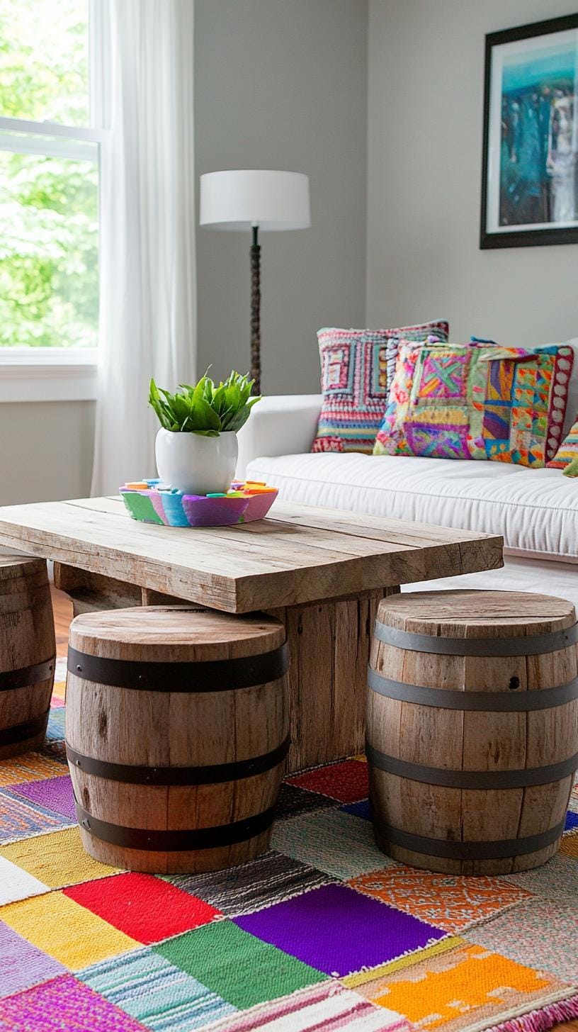 23 einzigartige Boho Farmhouse Wohnzimmer Ideen zum Kopieren 46 14. Eklektische Enklave: Kombinieren Sie verschiedene Epochen, verschmelzen einen Couchtisch aus der Mitte des Jahrhunderts mit rustikalen Farmhocker auf einem Patchwork-Teppich-3