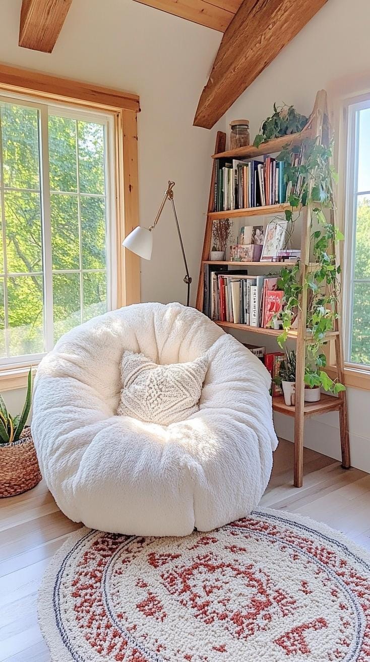 23 einzigartige Boho Farmhouse Wohnzimmer Ideen zum Kopieren 38 12. Gemütlicher Eckpfeiler: Beingebaute Regale mit Büchern und Schmuckstücke, umgerahmt von einem Holzleiterregal und einer Leselampe für einen Wärme-Glühen-1