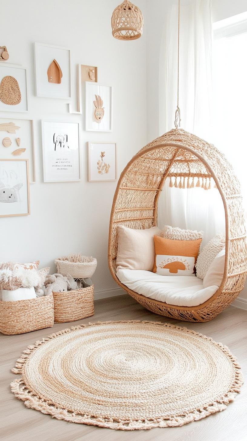 23 einzigartige Boho Farmhouse Wohnzimmer Ideen zum Kopieren 54 17. Airy Nook: Entscheiden Sie sich für durchscheinende Vorhänge und handgewebte Stühle zusammen mit einer Galerie-Wand mit organischen Mustern, um ein offenes Gefühl zu laden-1