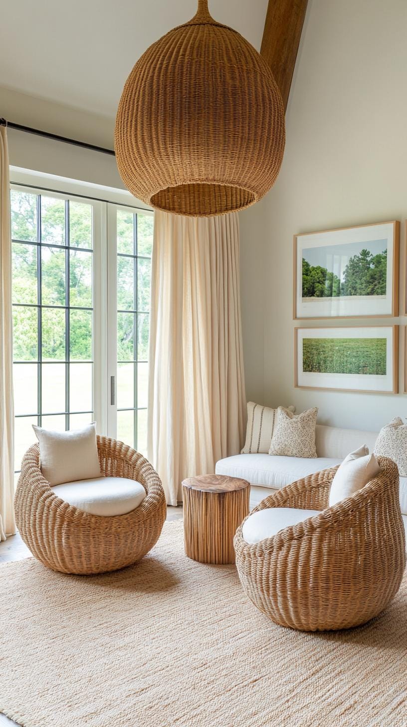 23 einzigartige Boho Farmhouse Wohnzimmer Ideen zum Kopieren 55 17. Airy Nook: Entscheiden Sie sich für durchscheinende Vorhänge und handgewebte Stühle zusammen mit einer Galeriewand mit organischen Mustern, um ein offenes Feeling-2 einzuladen