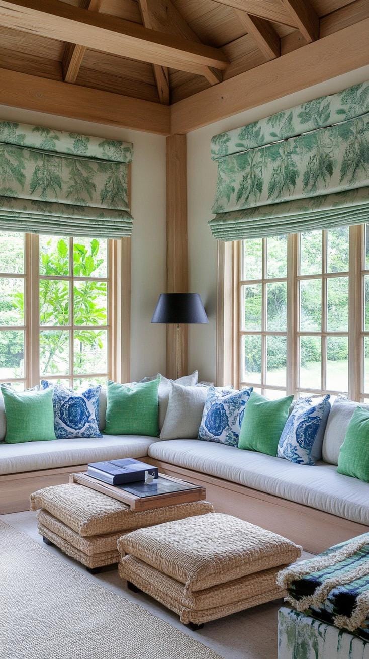 23 einzigartige Boho Farmhouse Wohnzimmer Ideen zum Kopieren 49 15. Pastoralpalette: Wählen Sie weiche Blau und Olivengrün für Stoffe aus, kombinieren Sie sich mit neutralen Wänden und Holzwandleuchten für eine beruhigende Einstellung 2
