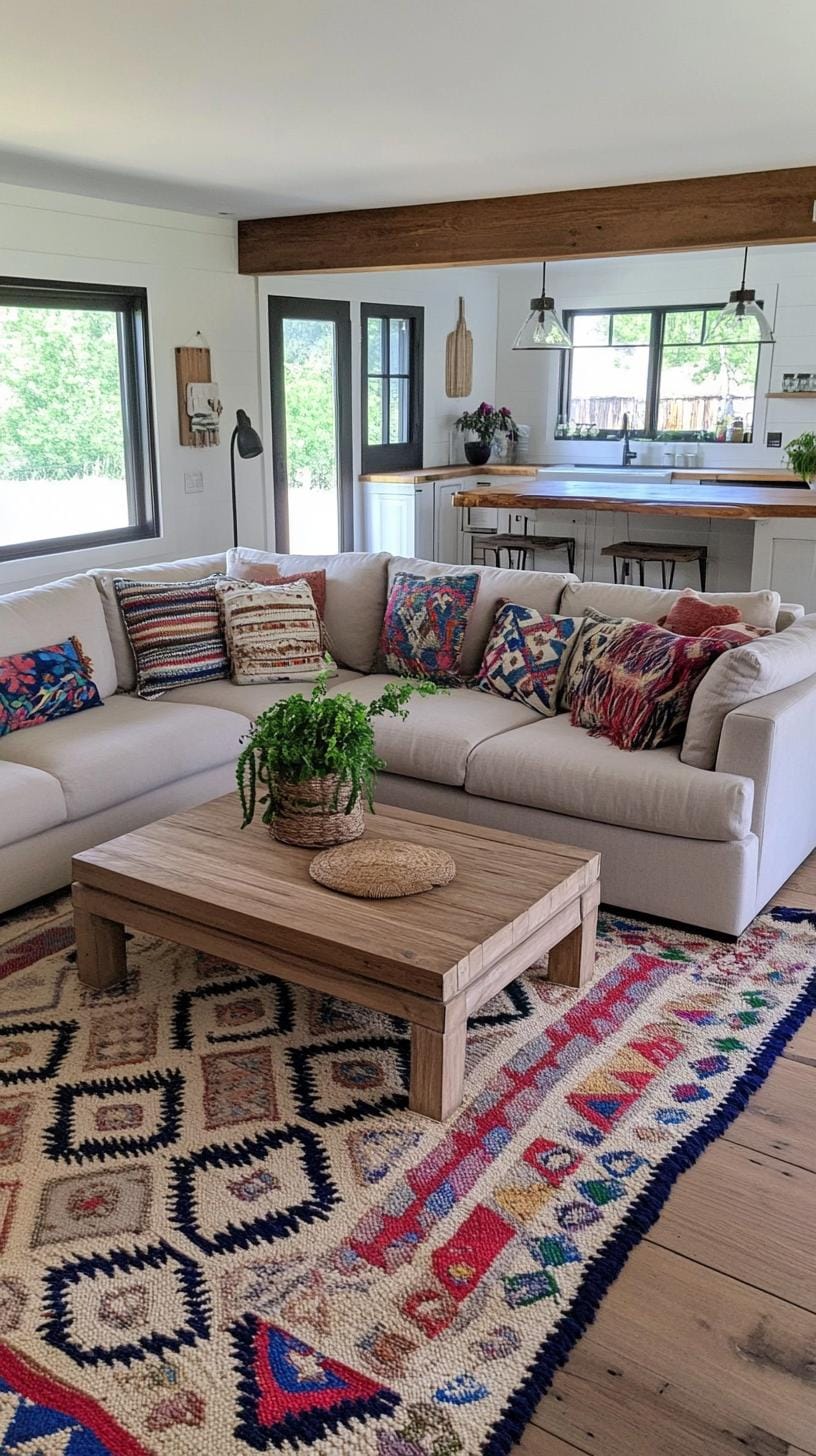 23 einzigartige Boho Farmhouse Wohnzimmer Ideen zum Kopieren 52 16. Entspannte Ruhe: Stil mit einem plüschigen Schnitt, gestickten Kissen und geschalteten Textilien, unterstrichen durch natürliche Bodenbeläge und Grün-2 2