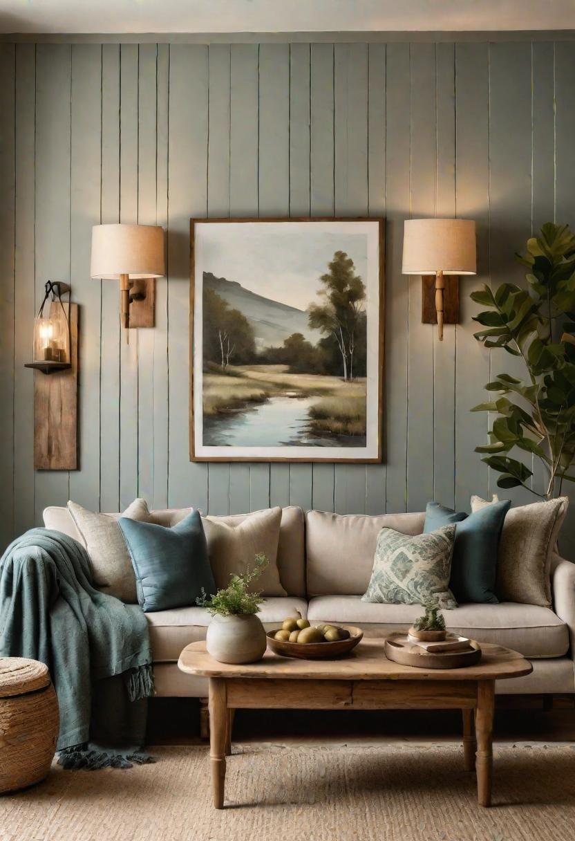 23 einzigartige Boho Farmhouse Wohnzimmer Ideen zum Kopieren 48 15. Pastoralpalette: Wählen Sie weiche Blau und Olivengrün für Stoffe aus, kombinieren Sie sich mit neutralen Wänden und Holzwandleuchten für eine beruhigende Einstellung-1