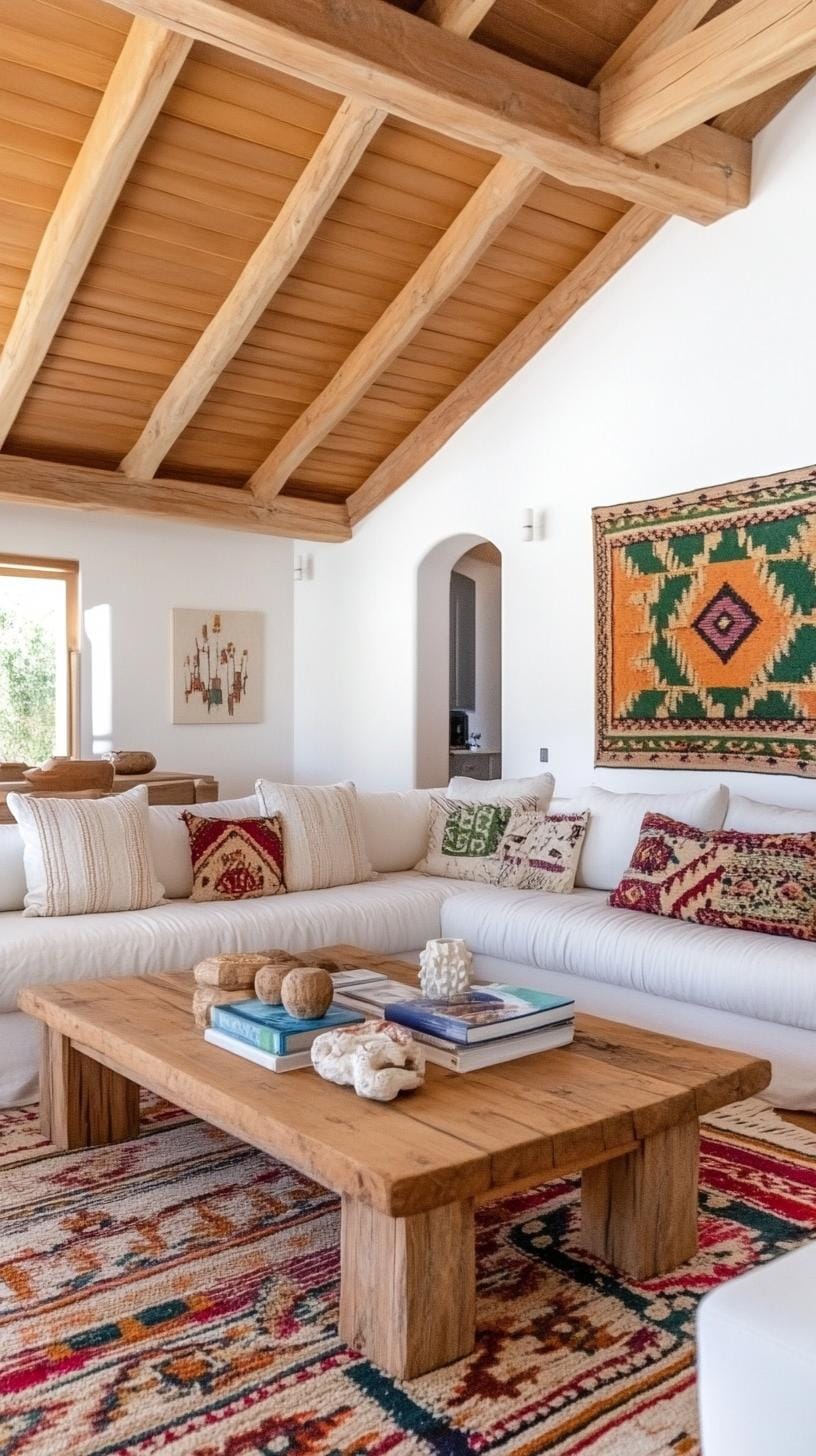 23 einzigartige Boho Farmhouse Wohnzimmer Ideen zum Kopieren 57 18. Textured Teppestry: Verwenden Sie verschiedene materielle Texturen, wie abgebrochene Möbel mit samtigen Softeinrichtungen und tief strukturierter Keramik-1