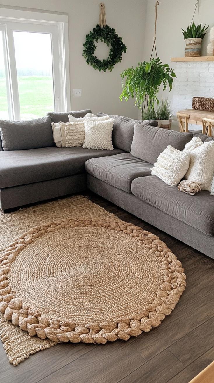 23 einzigartige Boho Farmhouse Wohnzimmer Ideen zum Kopieren 51 16. Entspannte Ruhe: Stil mit einem plüschigen übergroßen Schnitt, gestickten Kissen und geschalteten Textilien, unterstrichen durch natürliche Bodenbeläge und Grün-1-1