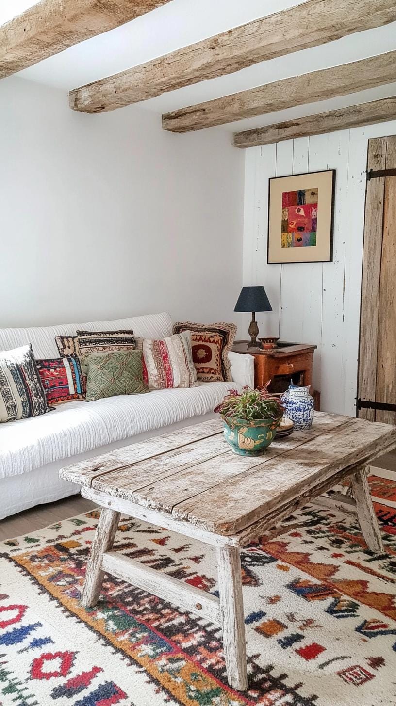 23 einzigartige Boho Farmhouse Wohnzimmer Ideen zum Kopieren 58 18. Textured Teppestry: Verwenden Sie verschiedene materielle Texturen, wie abgebrochene Möbel mit samtigen Softeinrichtungen und tief strukturierter Keramik-2
